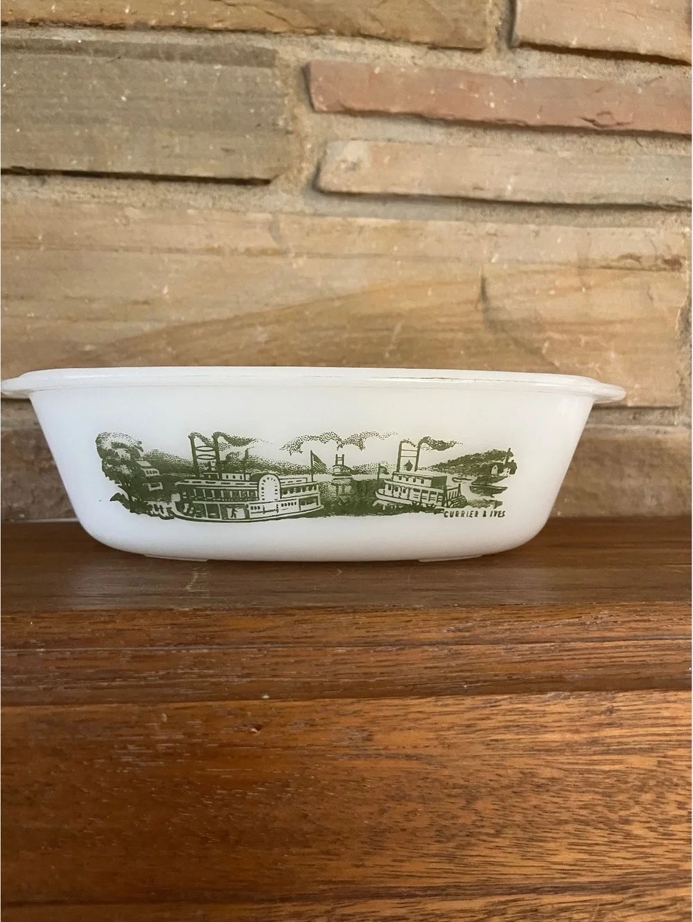 Vintage Currier & Ives Milk Glass Casserole Dish with Green Steamboat Design